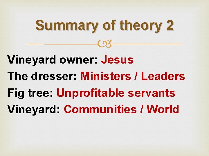 Summary of theory 2 Vineyard owner: Jesus The dresser: Ministers / Leaders Fig tree: