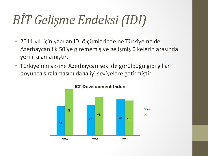 BİT Gelişme Endeksi (IDI) • 2011 yılı için yapılan IDI ölçümlerinde ne Türkiye ne