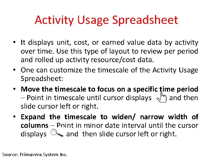 Activity Usage Spreadsheet • It displays unit, cost, or earned value data by activity