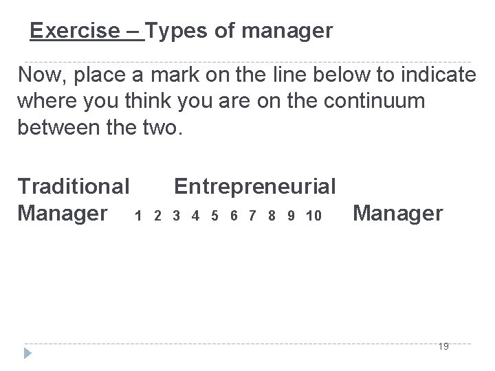 Exercise – Types of manager Now, place a mark on the line below to