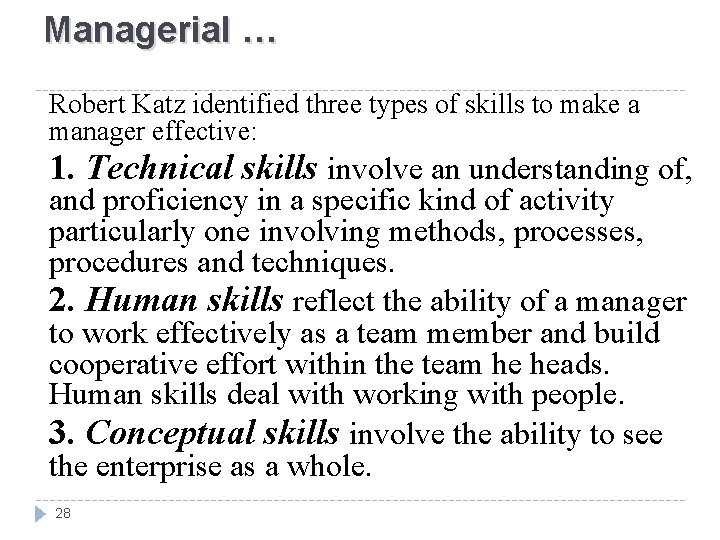 Managerial … Robert Katz identified three types of skills to make a manager effective:
