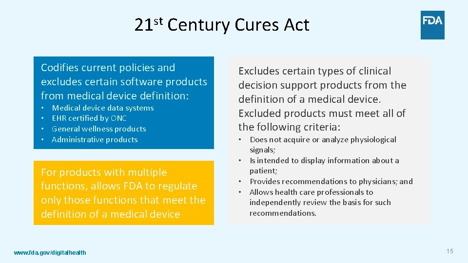 21 st Century Cures Act Codifies current policies and excludes certain software products from