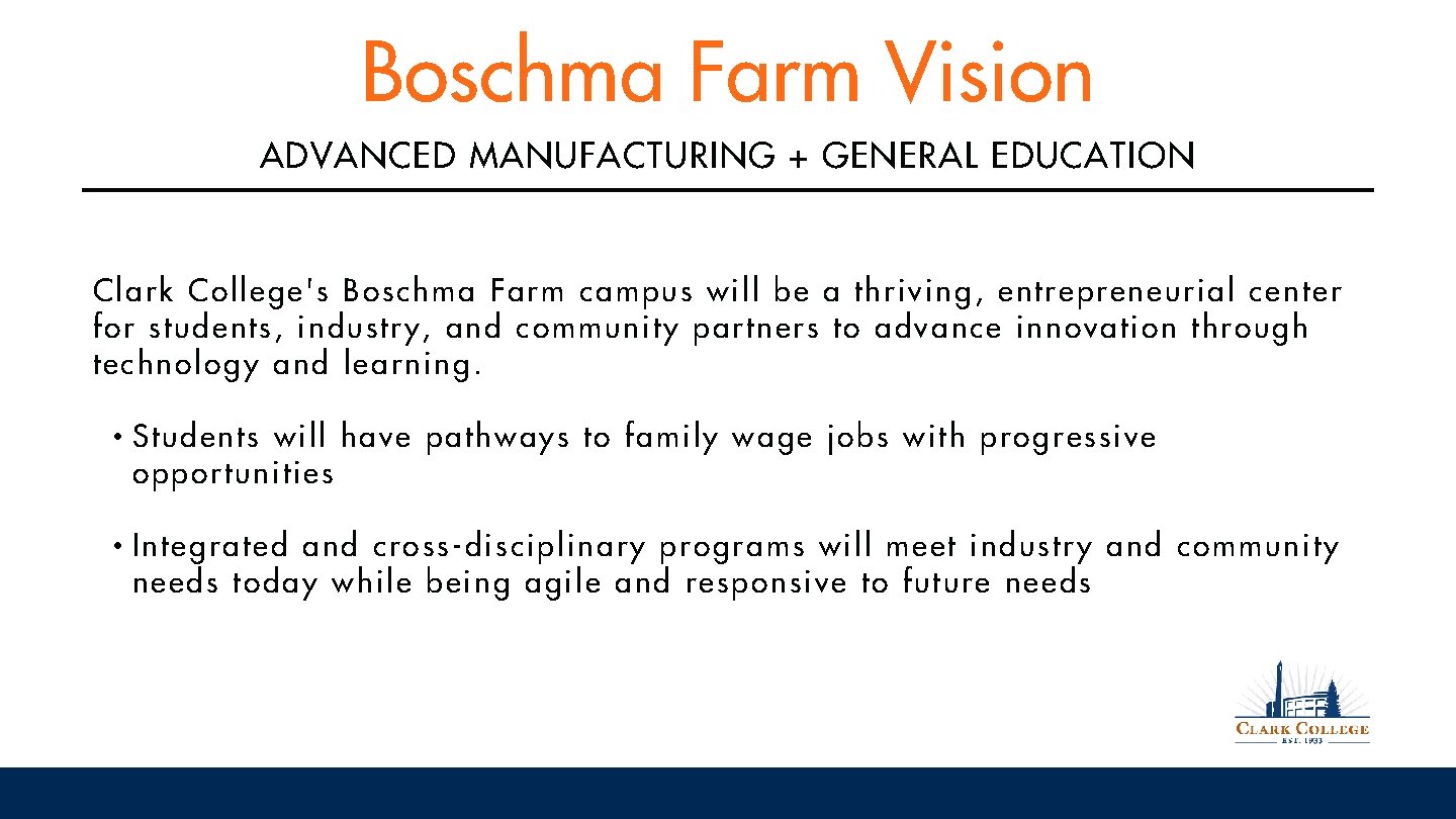 Boschma Farm Vision ADVANCED MANUFACTURING + GENERAL EDUCATION Cl ark Colleg e's Boschma Fa