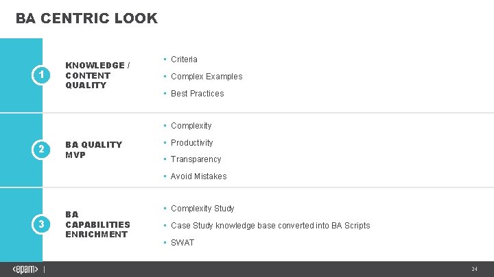 BA CENTRIC LOOK 1 KNOWLEDGE / CONTENT QUALITY • Criteria • Complex Examples •