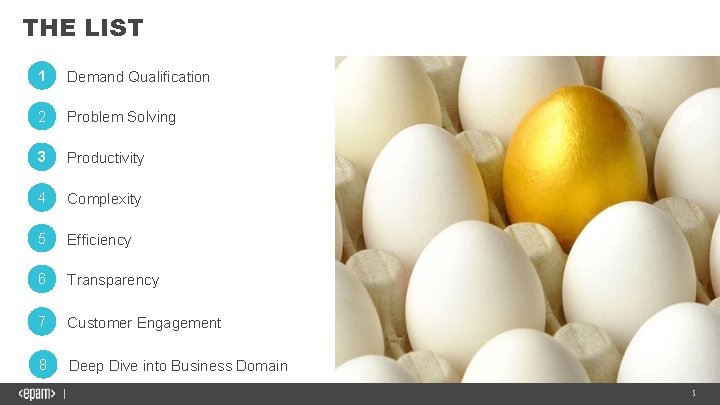 THE LIST 1 Demand Qualification 2 Problem Solving 3 Productivity 4 Complexity 5 Efficiency