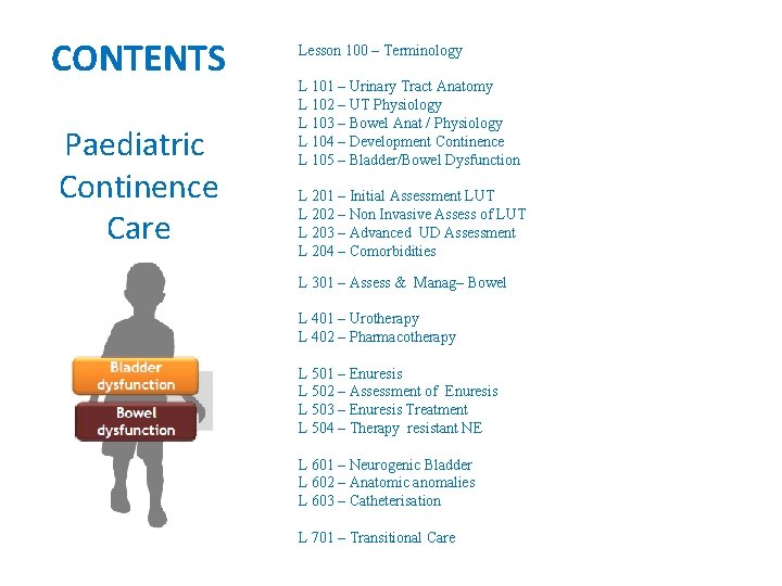 CONTENTS Paediatric Continence Care Lesson 100 – Terminology L 101 – Urinary Tract Anatomy