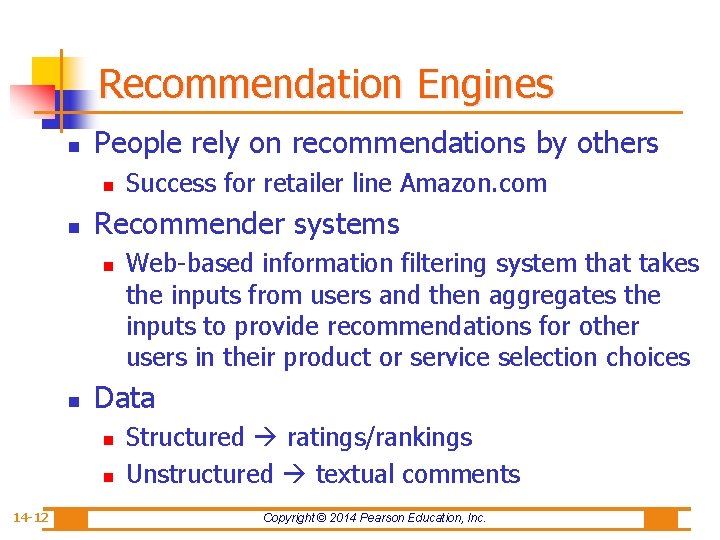 Recommendation Engines n People rely on recommendations by others n n Recommender systems n