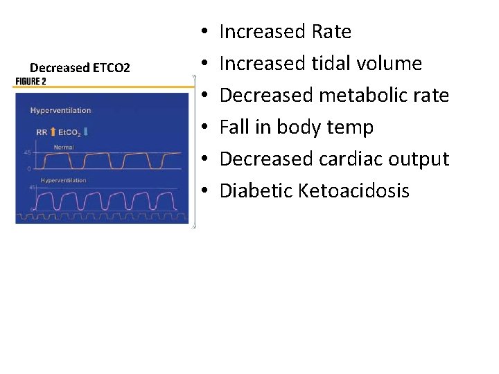Decreased ETCO 2 • • • Increased Rate Increased tidal volume Decreased metabolic rate