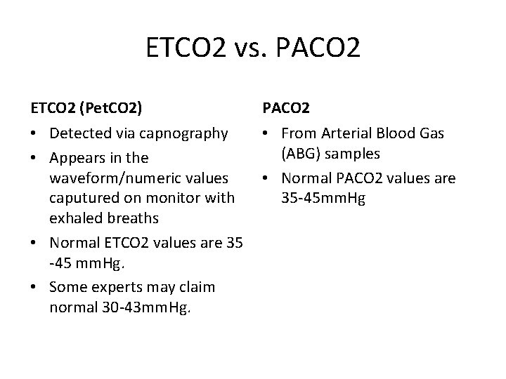 ETCO 2 vs. PACO 2 ETCO 2 (Pet. CO 2) PACO 2 • Detected