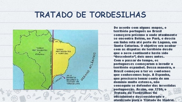 TRATADO DE TORDESILHAS 17 De acordo com alguns mapas, o território português no Brasil