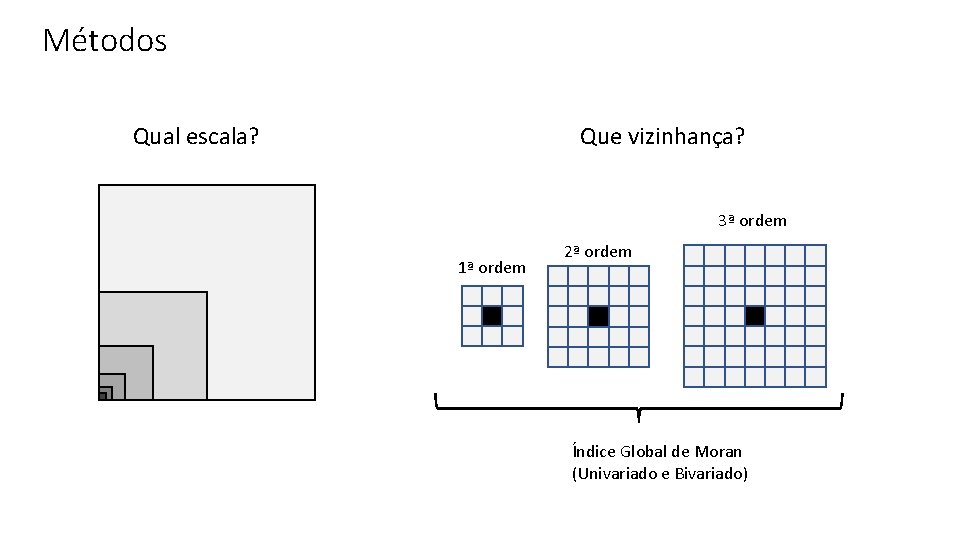 Métodos Qual escala? Que vizinhança? 3ª ordem 1ª ordem 2ª ordem Índice Global de