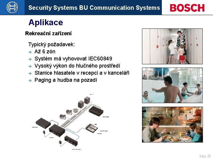 Security Systems BU Communication Systems Aplikace Rekreační zařízení Typický požadavek: è Až 6 zón