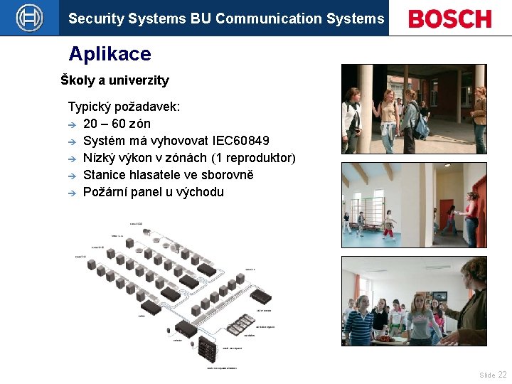 Security Systems BU Communication Systems Aplikace Školy a univerzity Typický požadavek: è 20 –