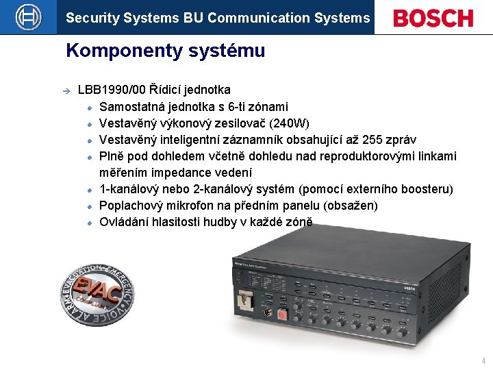 Security Systems BU Communication Systems Komponenty systému è LBB 1990/00 Řídicí jednotka Samostatná jednotka