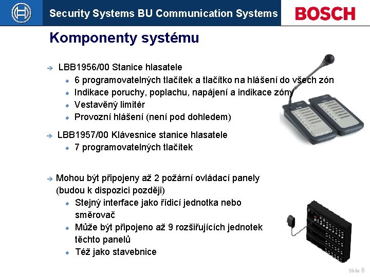 Security Systems BU Communication Systems Komponenty systému è LBB 1956/00 Stanice hlasatele 6 programovatelných