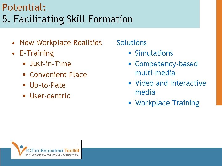 Potential: 5. Facilitating Skill Formation • New Workplace Realities • E-Training § Just-in-Time §