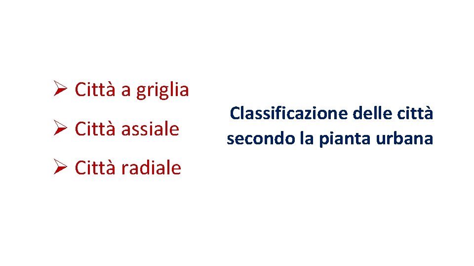  Città a griglia Città assiale Città radiale Classificazione delle città secondo la pianta