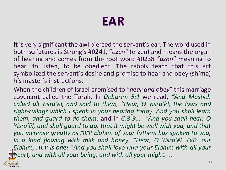 EAR It is very significant the awl pierced the servant’s ear. The word used