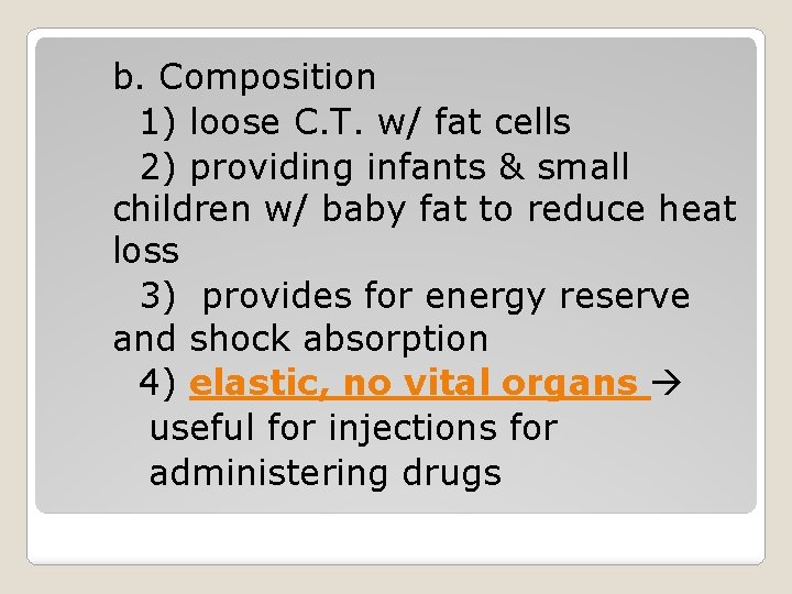 b. Composition 1) loose C. T. w/ fat cells 2) providing infants & small b. Composition 1) loose C. T. w/ fat cells 2) providing infants & small