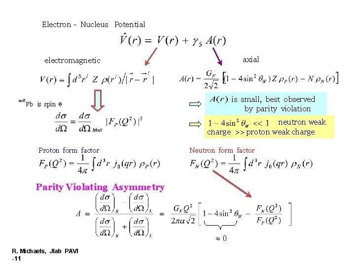 Electron - Nucleus Potential electromagnetic 208 Pb is spin 0 axial is small, best