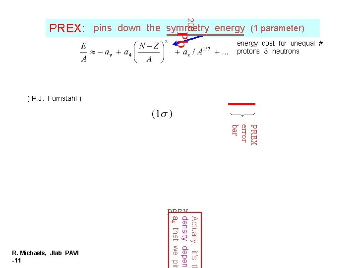 208 Pb PREX: pins down the symmetry energy (1 parameter) energy cost for unequal