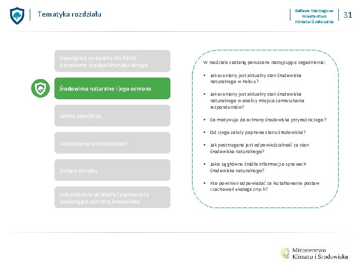 Tematyka rozdziału Największe wyzwania dla Polski a problemy środowiska naturalnego Badanie trackingowe Ministerstwo Klimatu