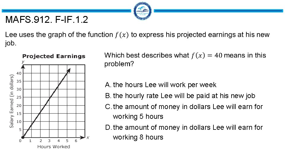 MAFS. 912. F-IF. 1. 2 A. the hours Lee will work per week B. MAFS. 912. F-IF. 1. 2 A. the hours Lee will work per week B.