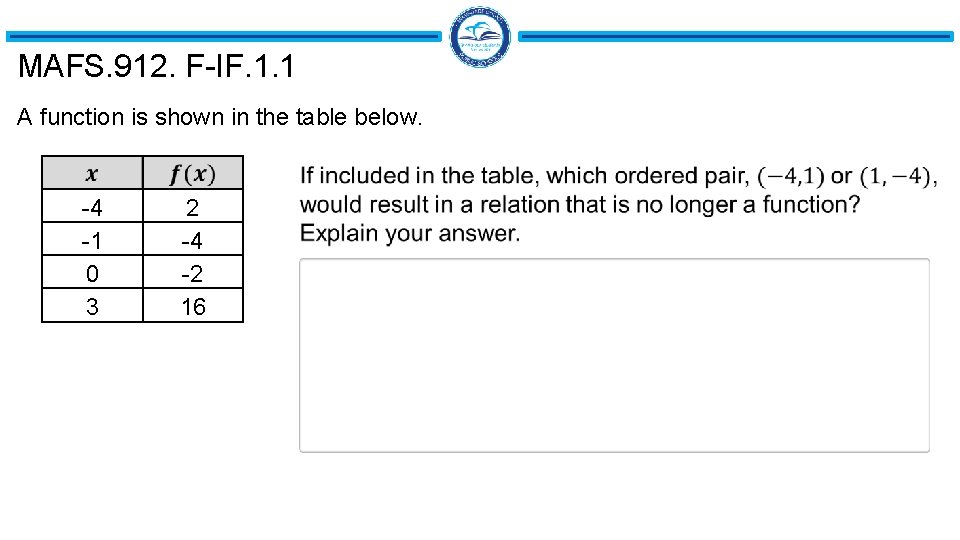 MAFS. 912. F-IF. 1. 1 A function is shown in the table below. -4 MAFS. 912. F-IF. 1. 1 A function is shown in the table below. -4