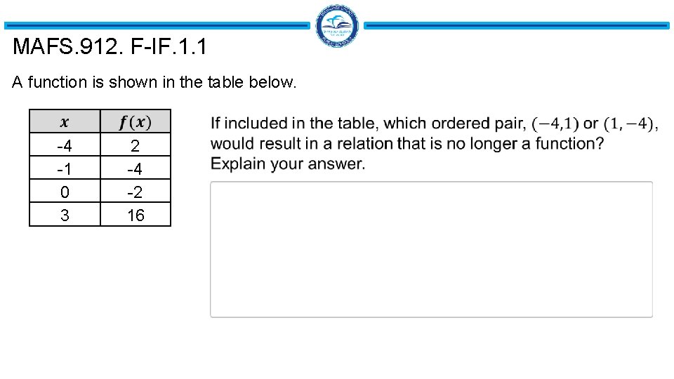 MAFS. 912. F-IF. 1. 1 A function is shown in the table below. -4