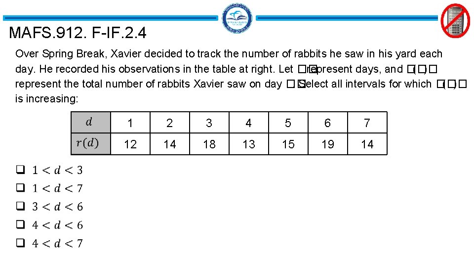 MAFS. 912. F-IF. 2. 4 Over Spring Break, Xavier decided to track the number MAFS. 912. F-IF. 2. 4 Over Spring Break, Xavier decided to track the number