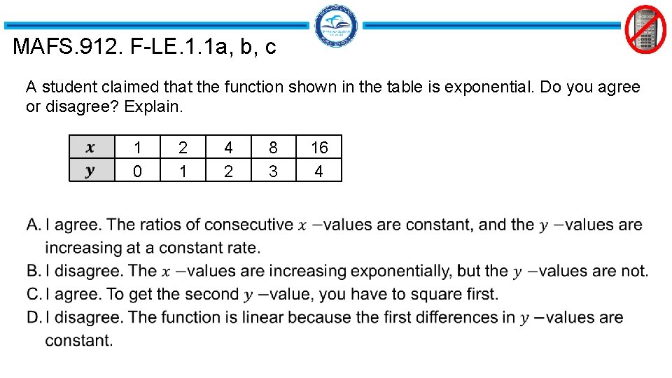 MAFS. 912. F-LE. 1. 1 a, b, c A student claimed that the function