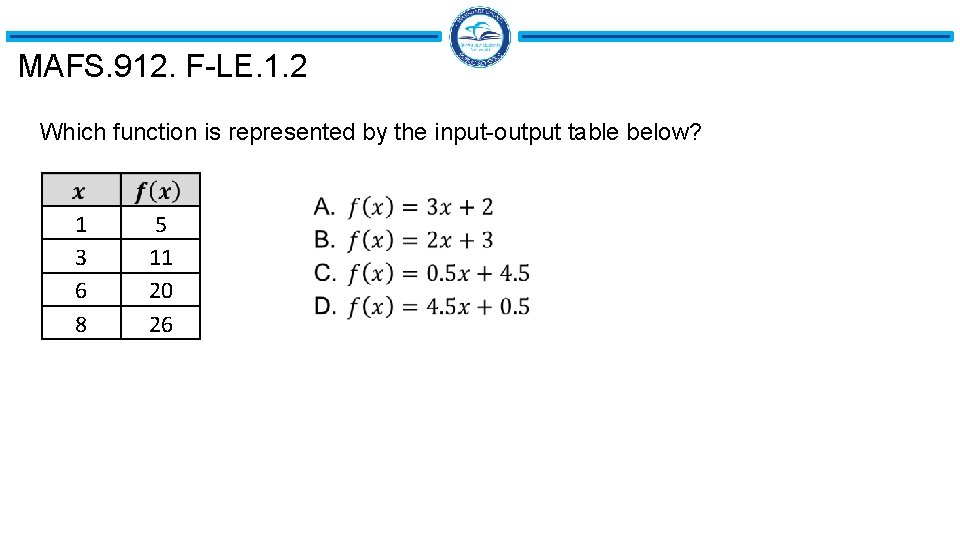 MAFS. 912. F-LE. 1. 2 Which function is represented by the input-output table below? MAFS. 912. F-LE. 1. 2 Which function is represented by the input-output table below?