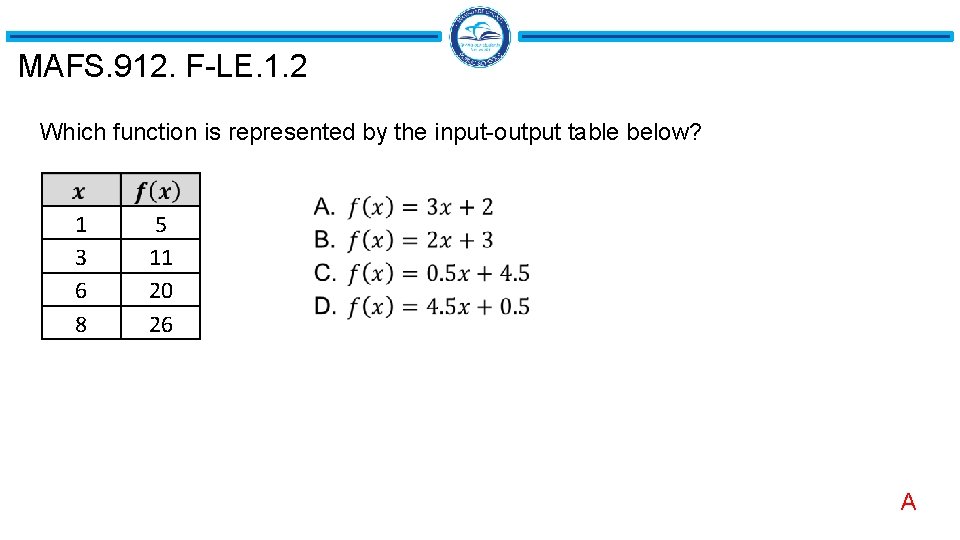 MAFS. 912. F-LE. 1. 2 Which function is represented by the input-output table below? MAFS. 912. F-LE. 1. 2 Which function is represented by the input-output table below?