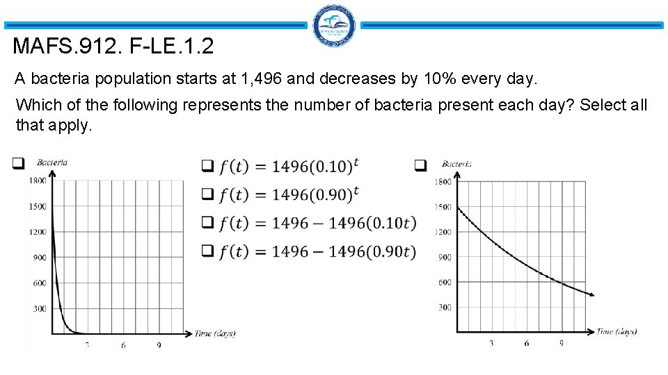 MAFS. 912. F-LE. 1. 2 A bacteria population starts at 1, 496 and decreases