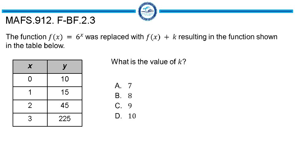 MAFS. 912. F-BF. 2. 3 x y 0 10 1 15 2 45 3