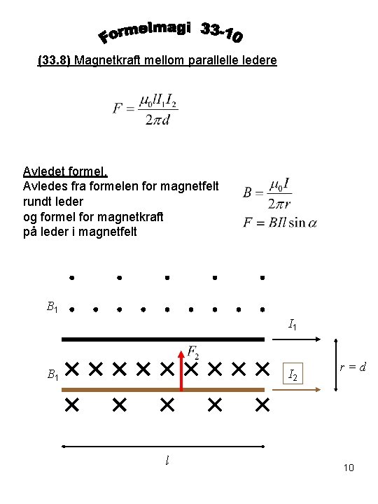 (33. 8) Magnetkraft mellom parallelle ledere Avledet formel. Avledes fra formelen for magnetfelt rundt