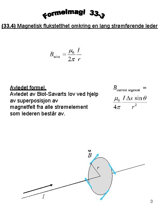 (33. 4) Magnetisk flukstetthet omkring en lang strømførende leder Avledet formel. Avledet av Biot-Savarts