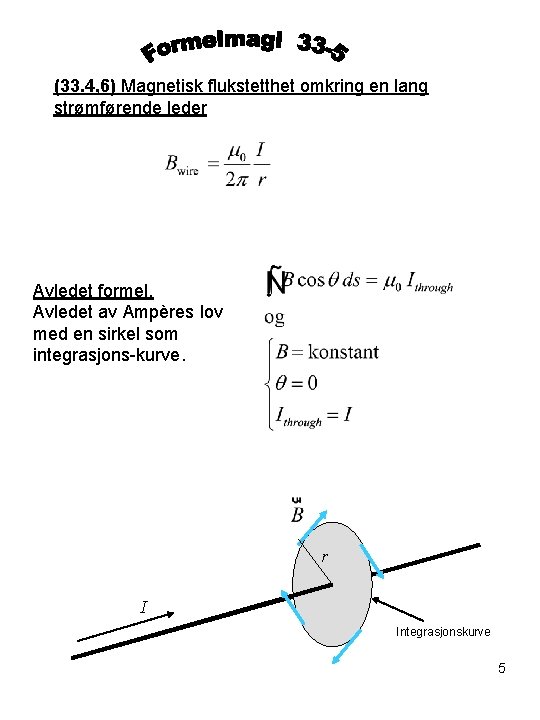 (33. 4, 6) Magnetisk flukstetthet omkring en lang strømførende leder Avledet formel. Avledet av