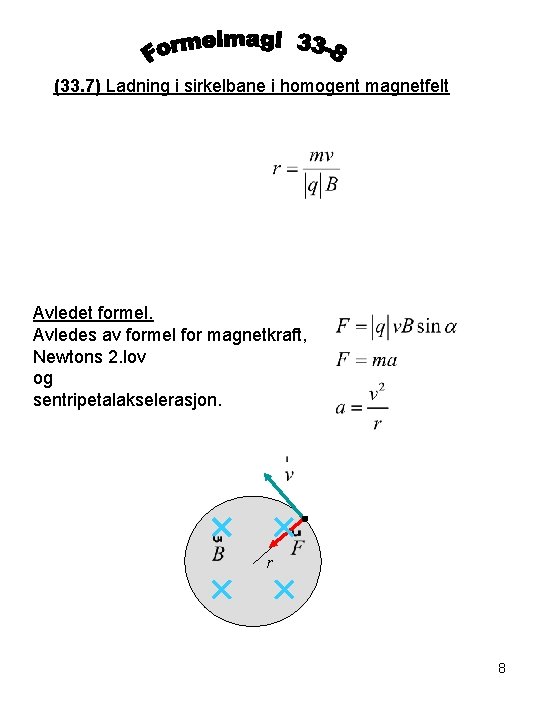 (33. 7) Ladning i sirkelbane i homogent magnetfelt Avledet formel. Avledes av formel for