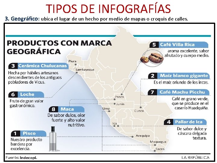 TIPOS DE INFOGRAFÍAS 3. Geográfico: ubica el lugar de un hecho por medio de