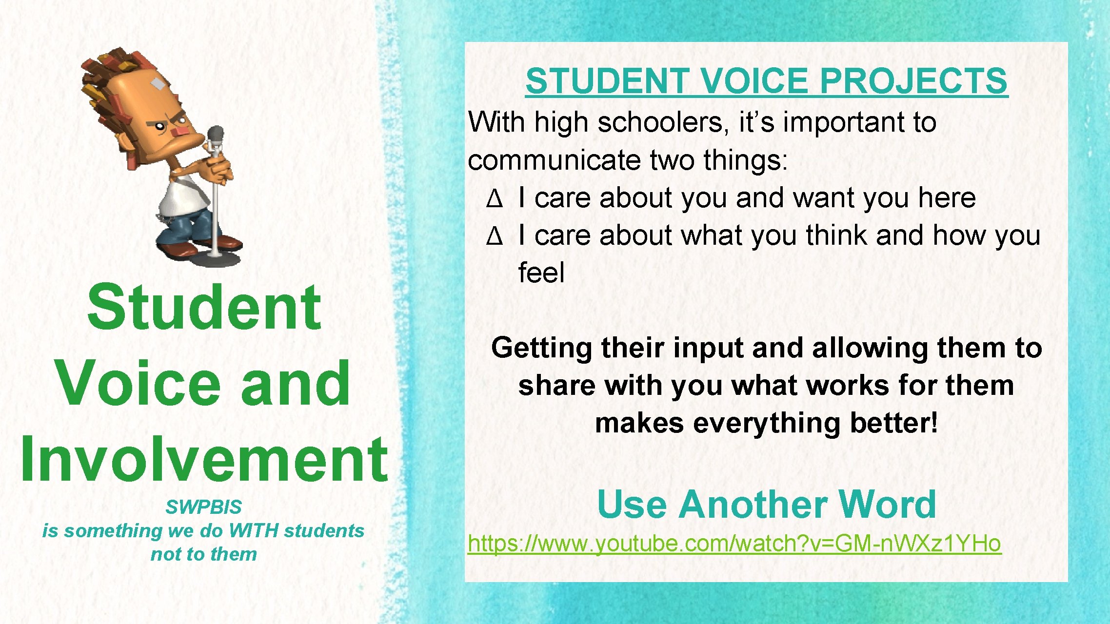 STUDENT VOICE PROJECTS Student Voice and Involvement SWPBIS is something we do WITH students