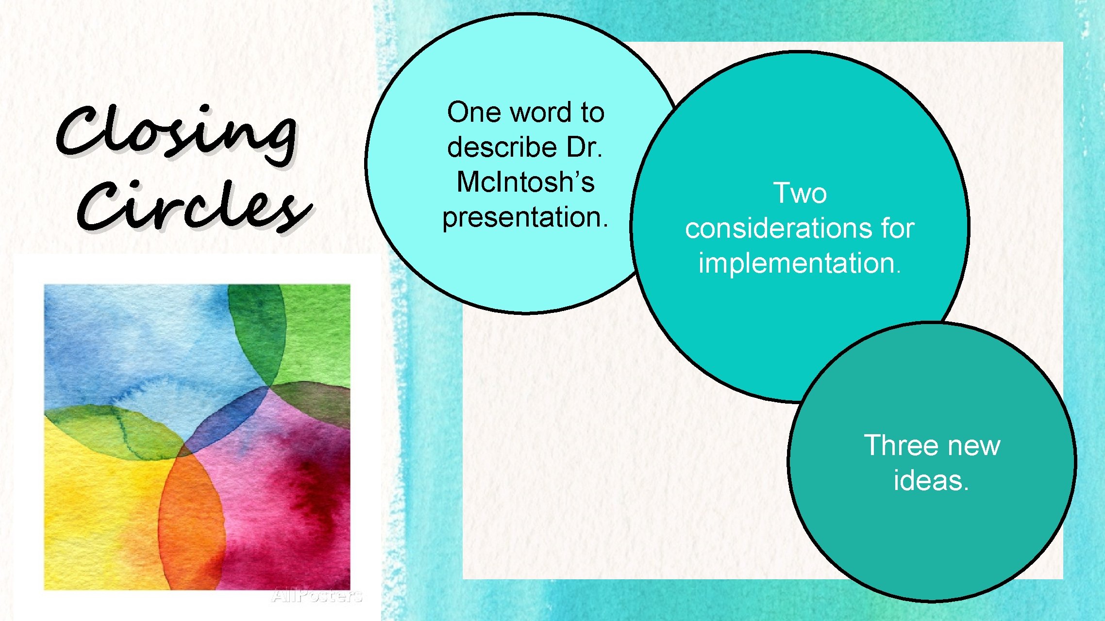 Closing Circles One word to describe Dr. Mc. Intosh’s presentation. Two considerations for implementation.