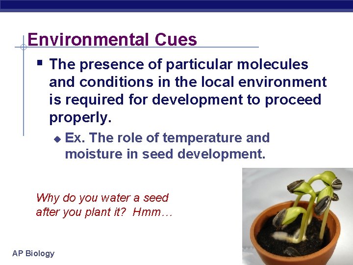 Environmental Cues § The presence of particular molecules and conditions in the local environment