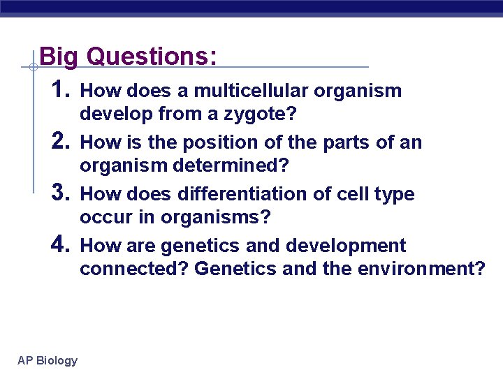 Big Questions: 1. How does a multicellular organism 2. 3. 4. AP Biology develop