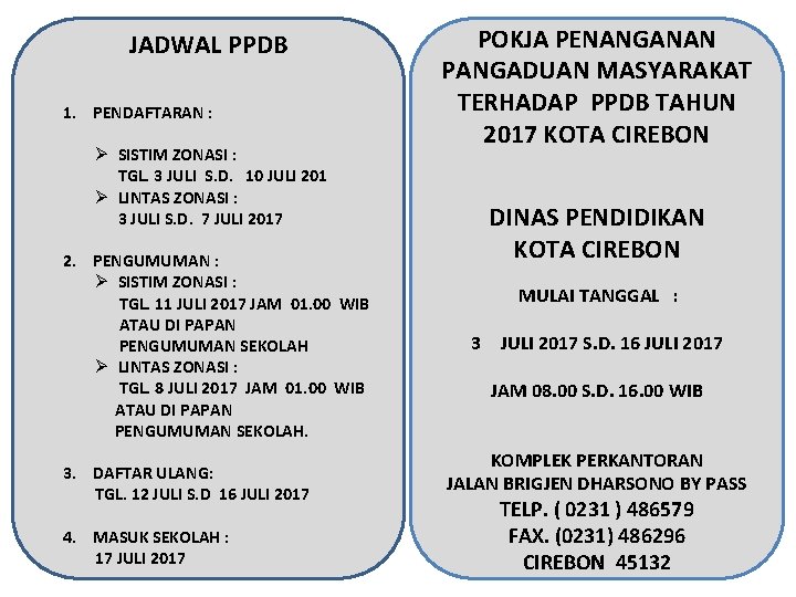 JADWAL PPDB 1. PENDAFTARAN : Ø SISTIM ZONASI : TGL. 3 JULI S. D.