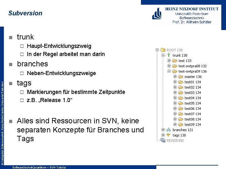 Subversion n trunk Haupt-Entwicklungszweig o In der Regel arbeitet man darin o n branches