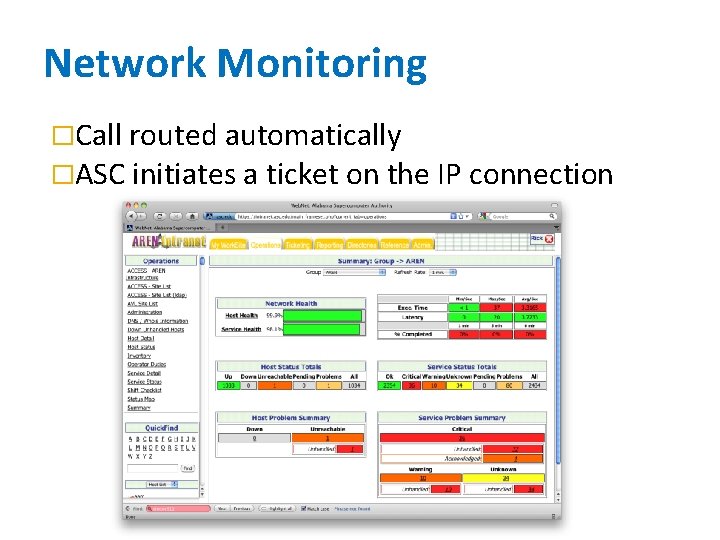 Network Monitoring �Call routed automatically �ASC initiates a ticket on the IP connection 