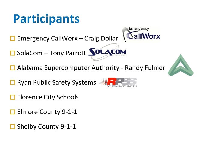 Participants � Emergency Call. Worx – Craig Dollar � Sola. Com – Tony Parrott