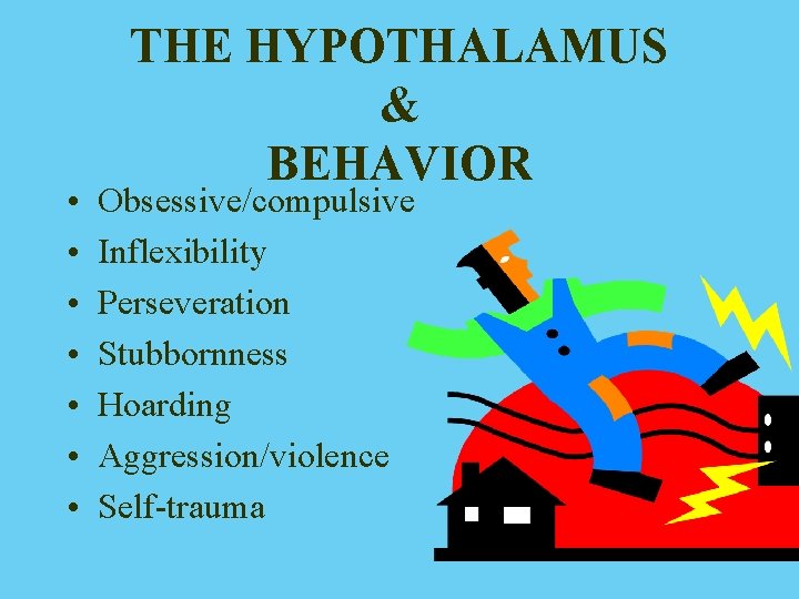  • • THE HYPOTHALAMUS & BEHAVIOR Obsessive/compulsive Inflexibility Perseveration Stubbornness Hoarding Aggression/violence Self-trauma