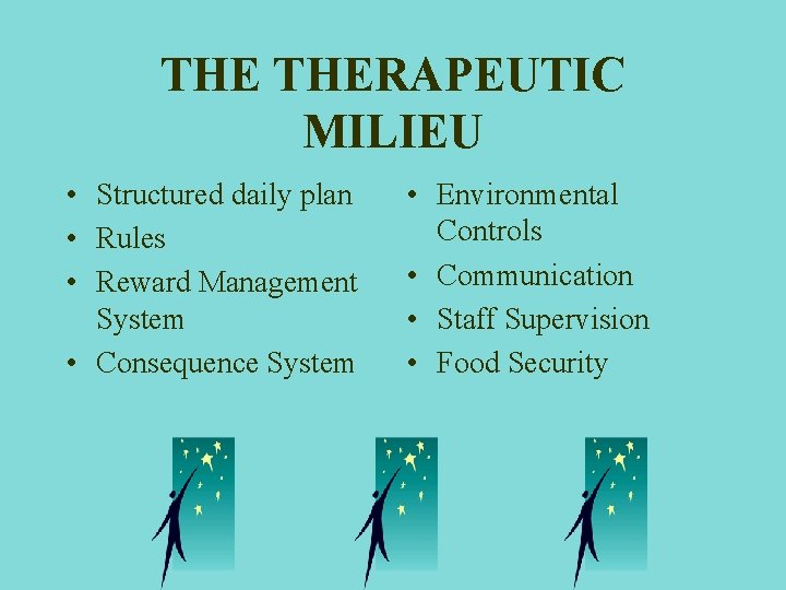 THE THERAPEUTIC MILIEU • Structured daily plan • Rules • Reward Management System •